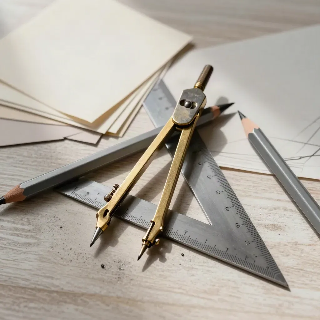 Drafting tools and cream swatches in a premium overhead still life on pale wood.