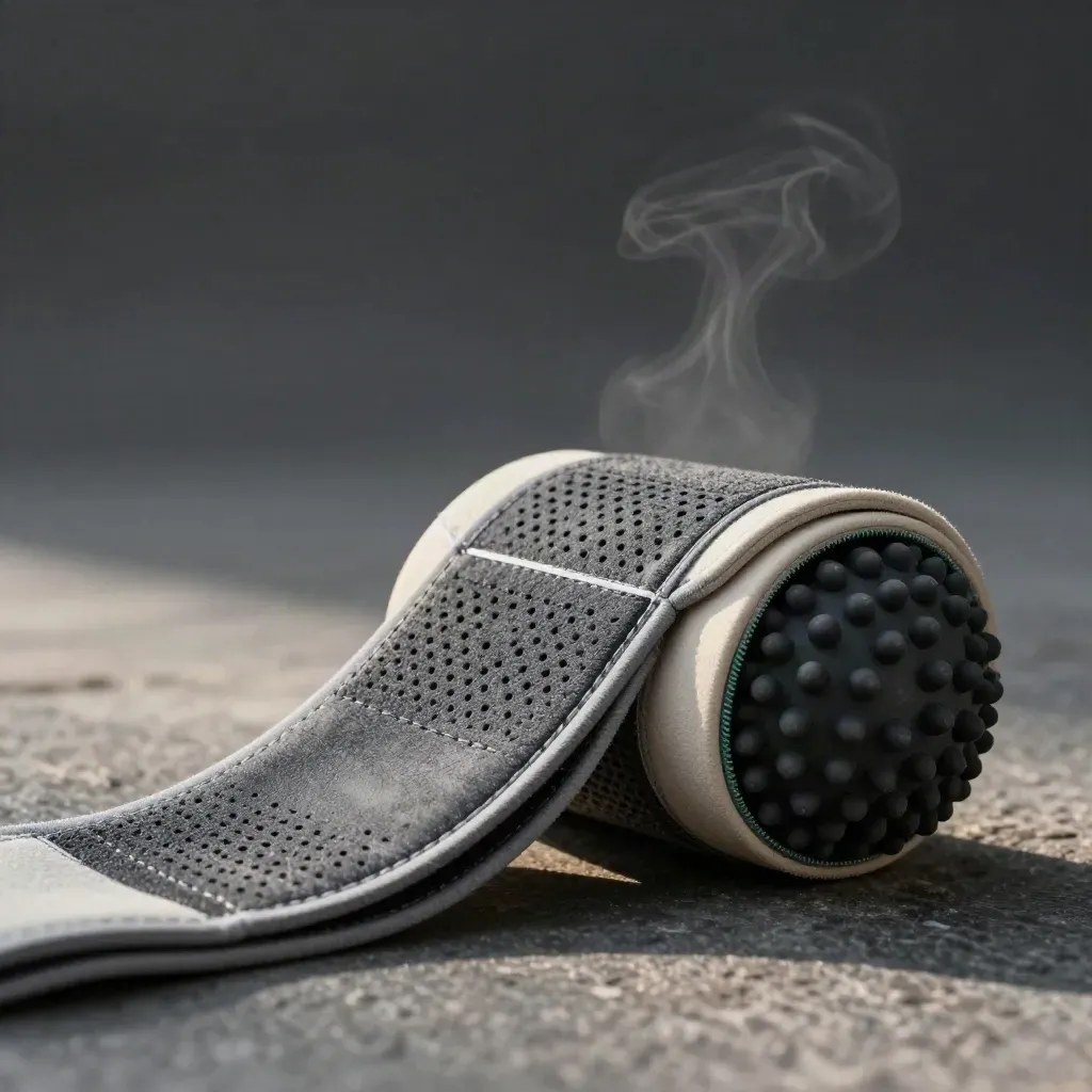 Resistance band, ankle brace, and massage ball on stone with steam and green accents