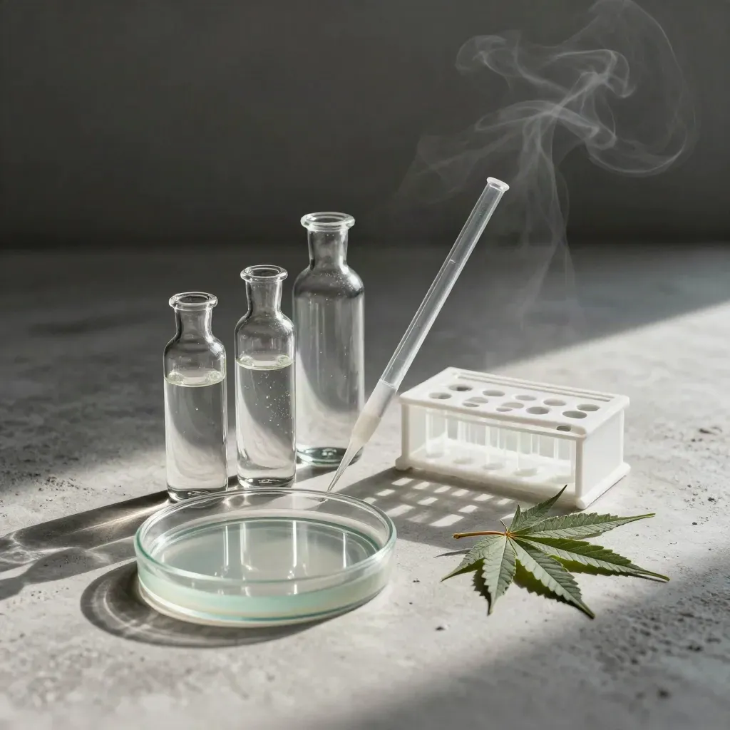 Lab vials, pipette tube, Petri dish, and hemp leaf on pale concrete