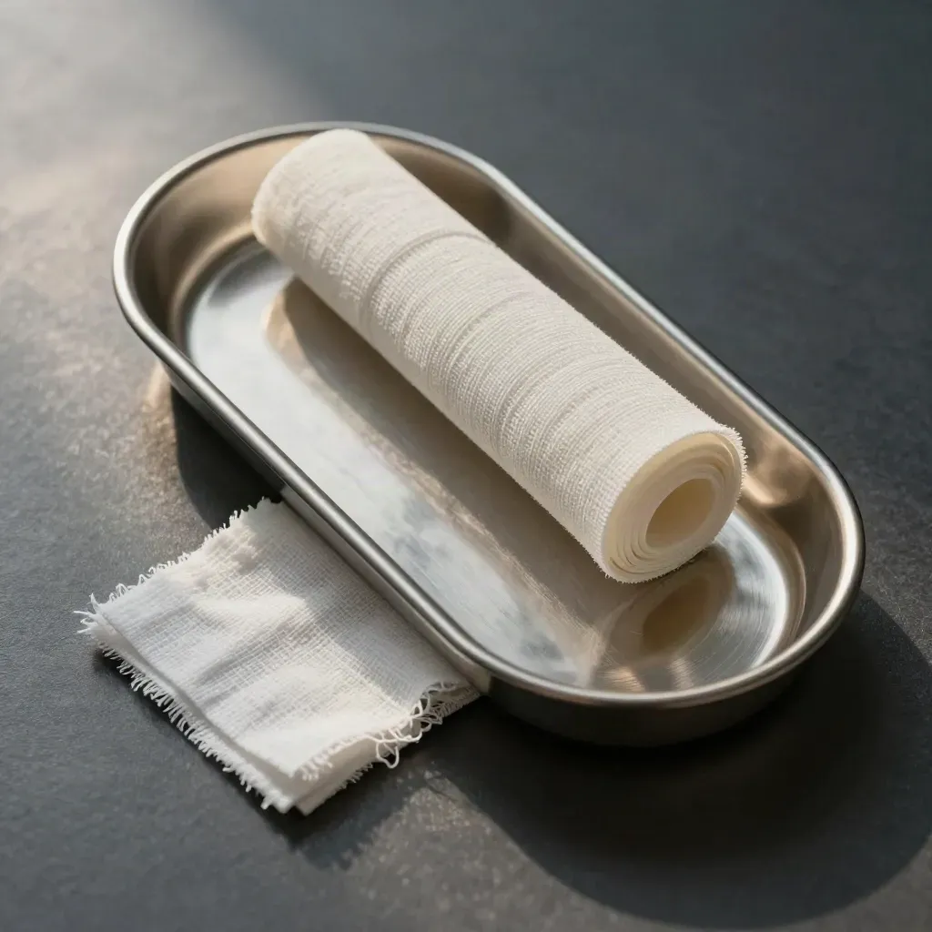 Top-down clinical still life with kidney dish, gauze, and elastic wrap on brushed steel.