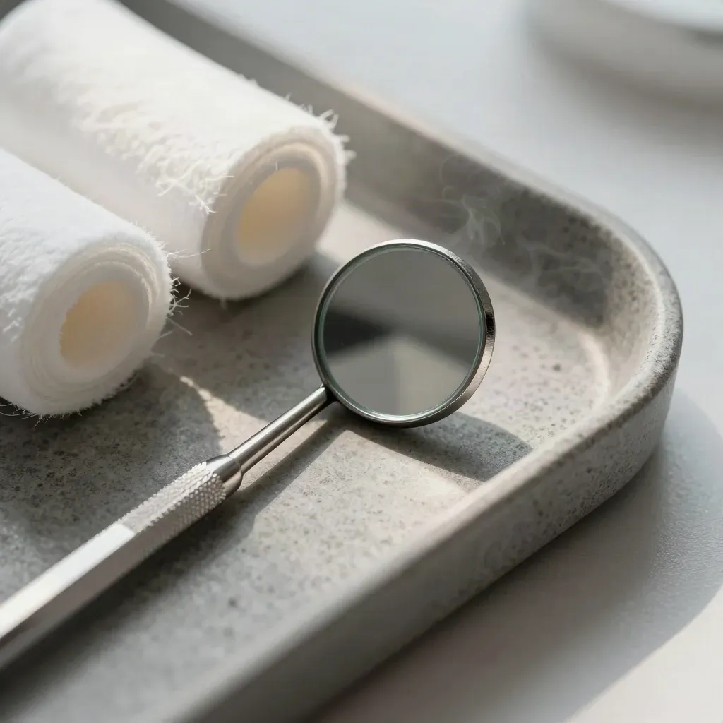 Dental mirror, cotton rolls, and a tray on stone in a premium macro prep still life.