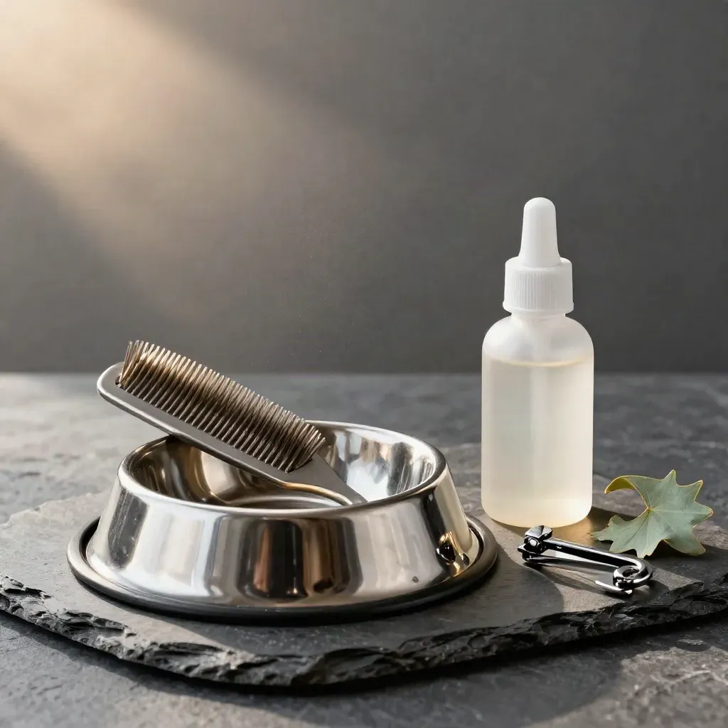 Pet grooming still life with bowl, comb, leash clip and tincture bottle on dark slate