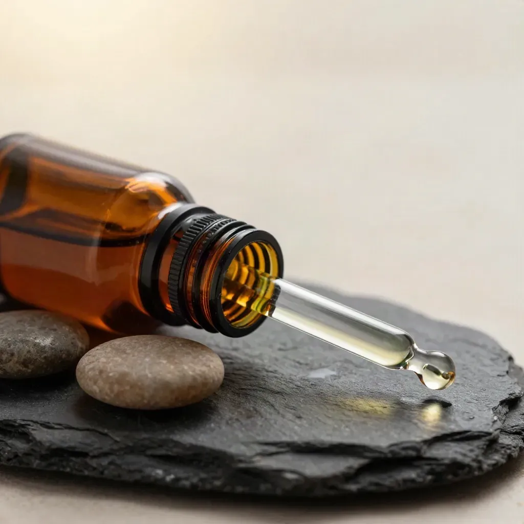 Amber CBD oil bottle with dropper, pipette, and pebbles on dark stone in soft macro light.