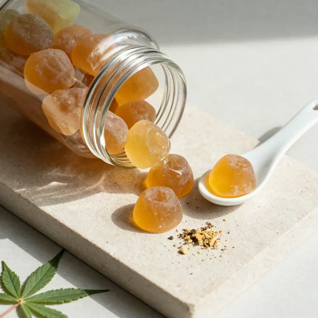 Clear gummy jar with two gummies and a ceramic spoon on cream stone, overhead still life.