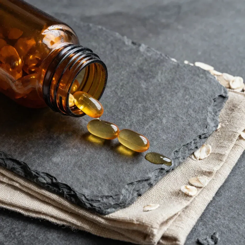 Amber capsule bottle spilling capsules onto linen on charcoal stone, top-down macro