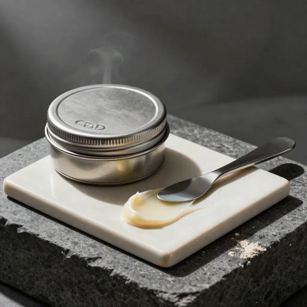 Brushed metal CBD balm tin, cream swatch, and spatula on a ceramic tile with soft steam.
