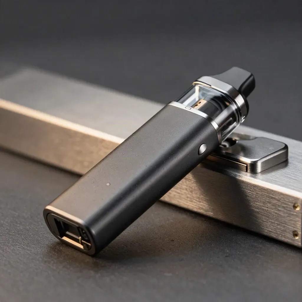 Slim matte vape device, spare cartridge, and charging cradle on brushed metal in cool haze.