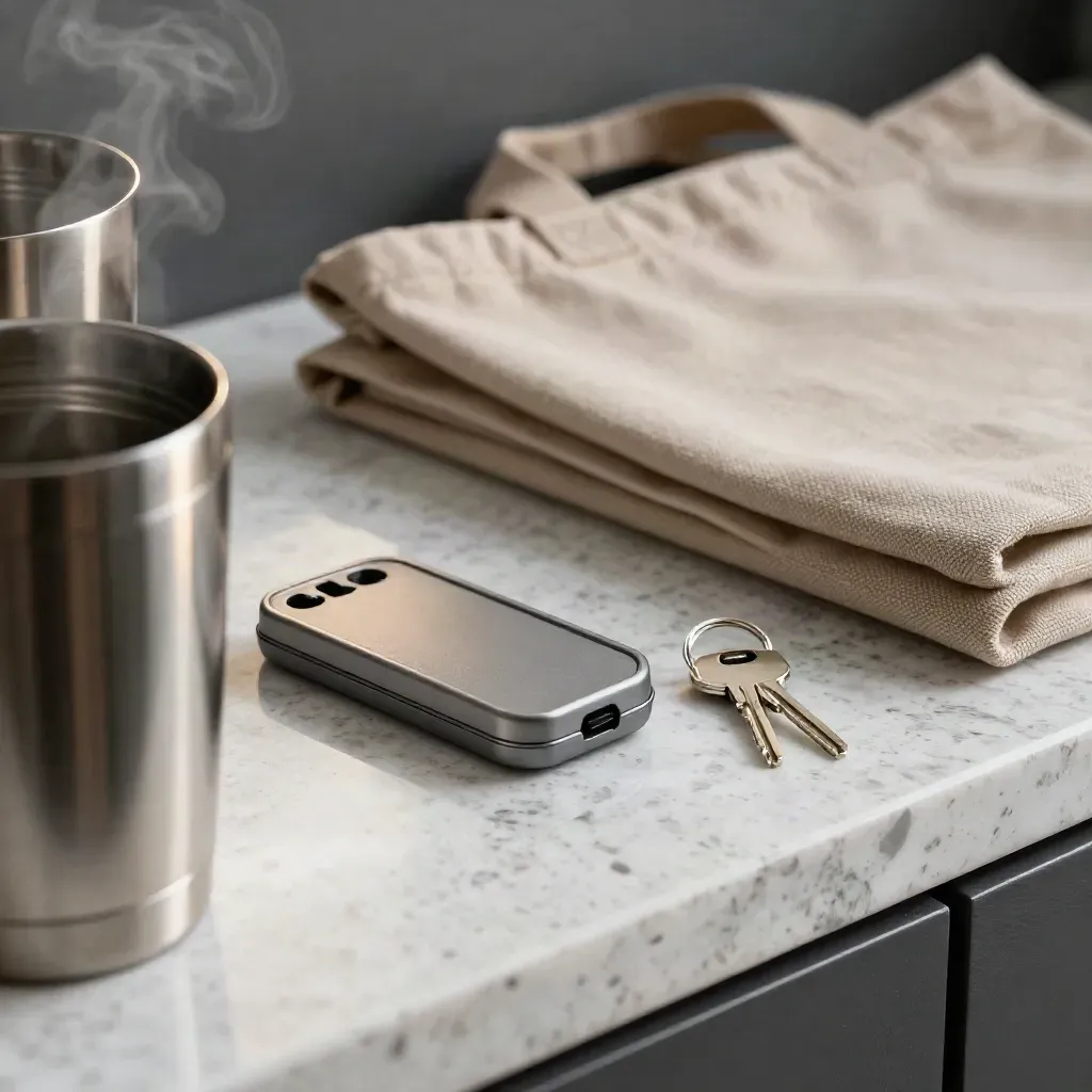 Travel CBD pill case, insulated mug, keys, and tote on quartz by the door