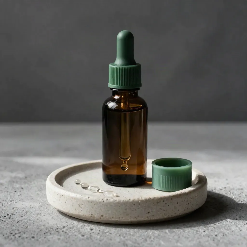 Pet tincture bottle, ceramic saucer, and dosing ring on pale stone in dramatic studio light.