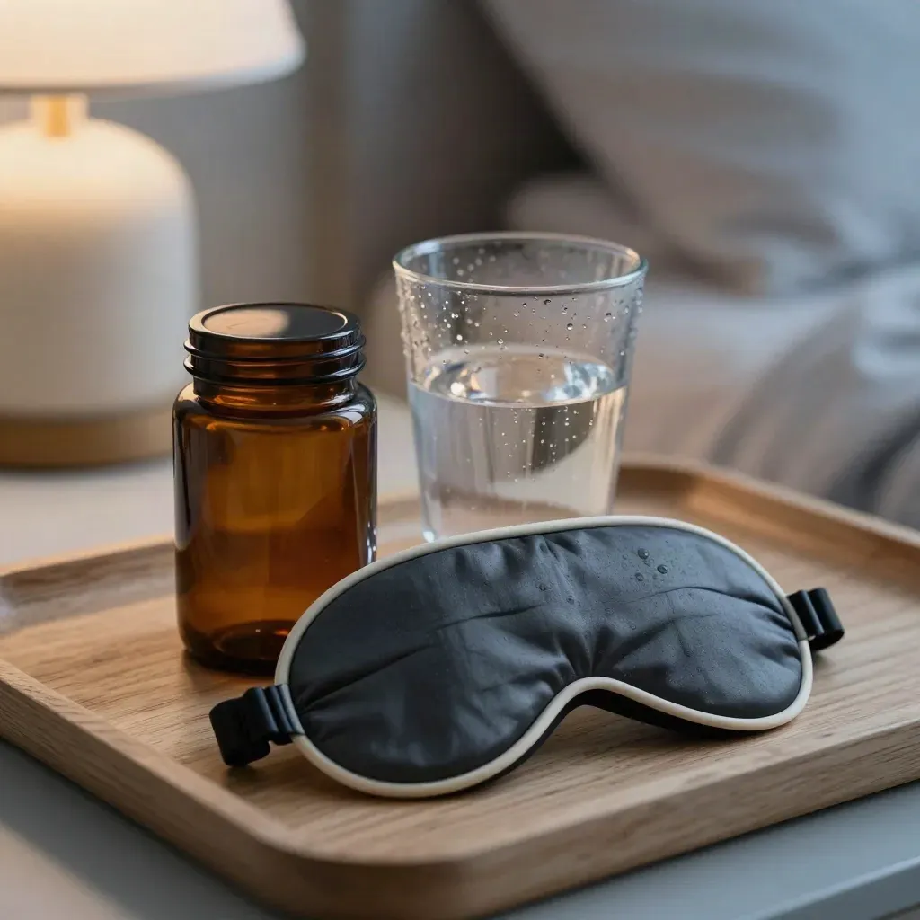 Sleep mask, gummy jar, and water glass on a bedside tray in soft lamp haze.