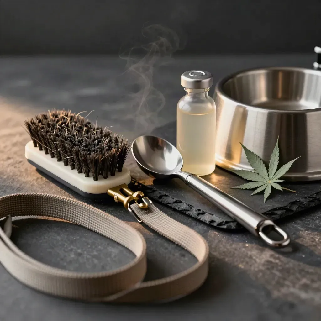 Pet CBD still life with leash, brush, scoop and tincture bottle beside a feeding station.