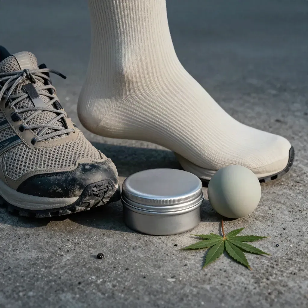 Macro still life of trail recovery items on dark concrete with a hemp leaf accent.