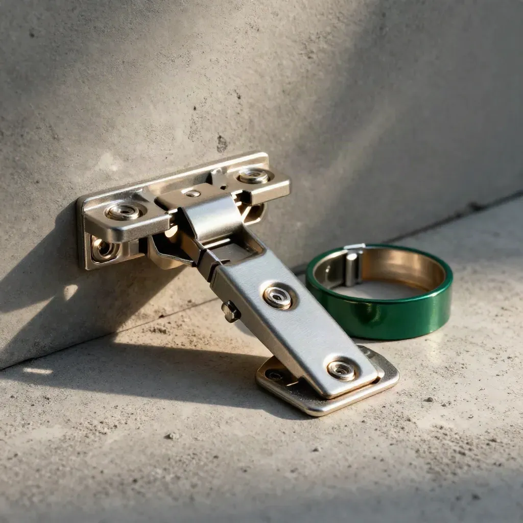 Interlocking metal hinges and clamp on pale concrete with a subtle green accent in dramatic light.