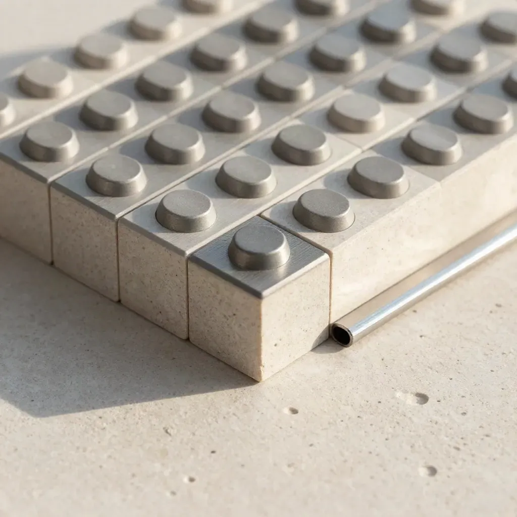 Modular blocks and magnetic tabs snapping into a grid on cream stone, seen in diagonal top-down closeup