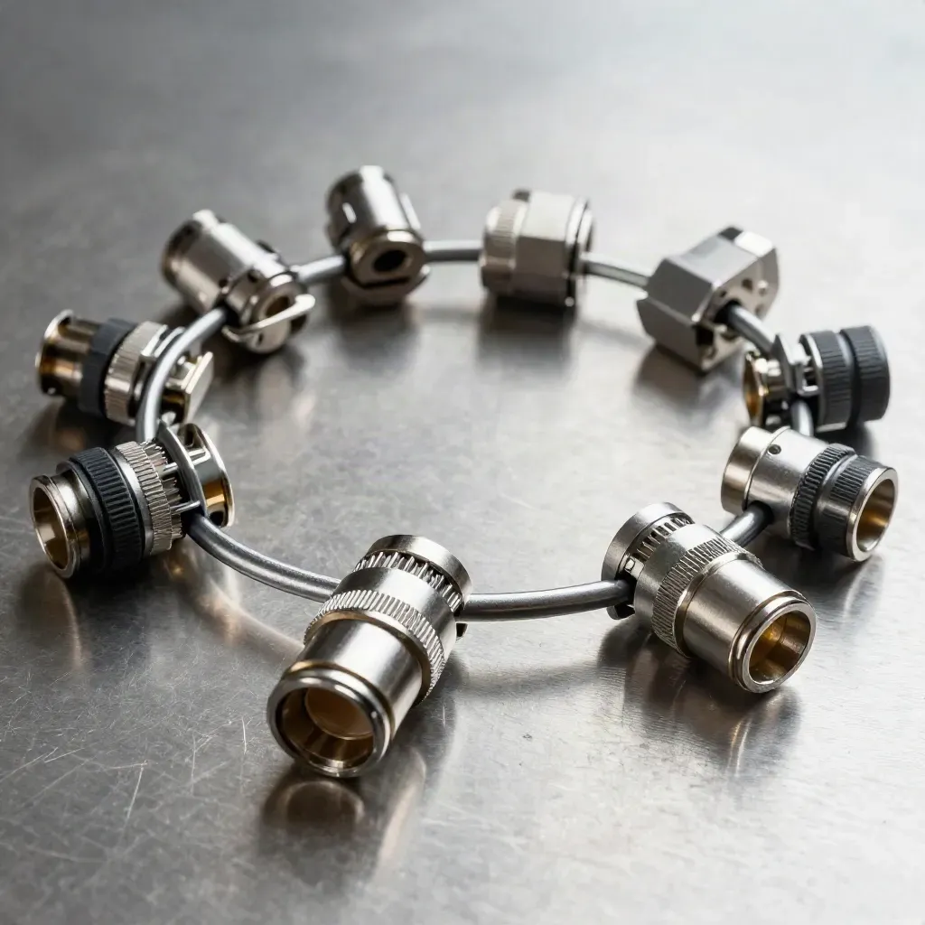 Precision connectors and cable clips threaded through a metal ring on brushed steel.
