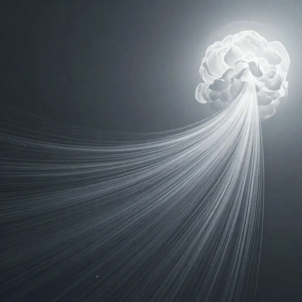 Silver light filaments bloom in graphite haze with drifting motes and open copy space.